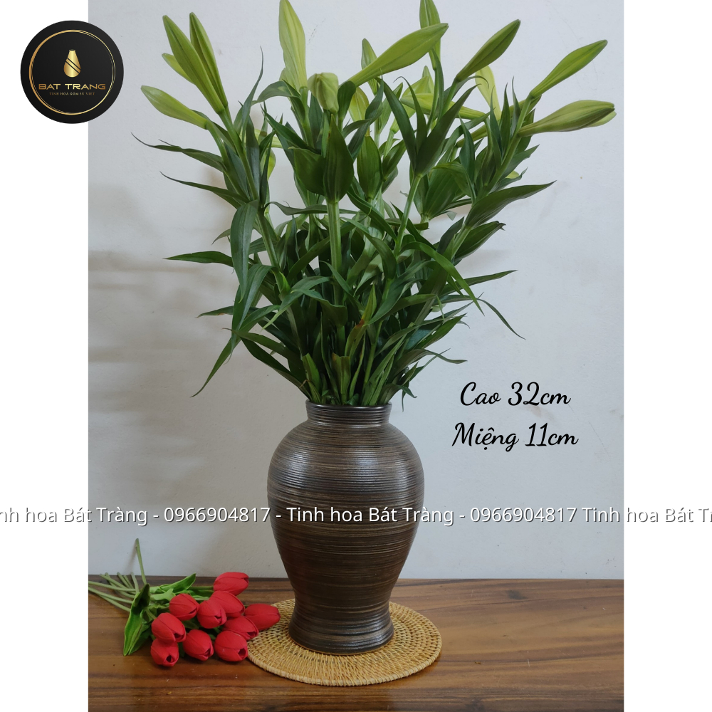 Bình hoa, lọ hoa Bát Tràng dáng xoài men nâu mộc cao cấp trang trí phòng khách đẹp, sang trọng