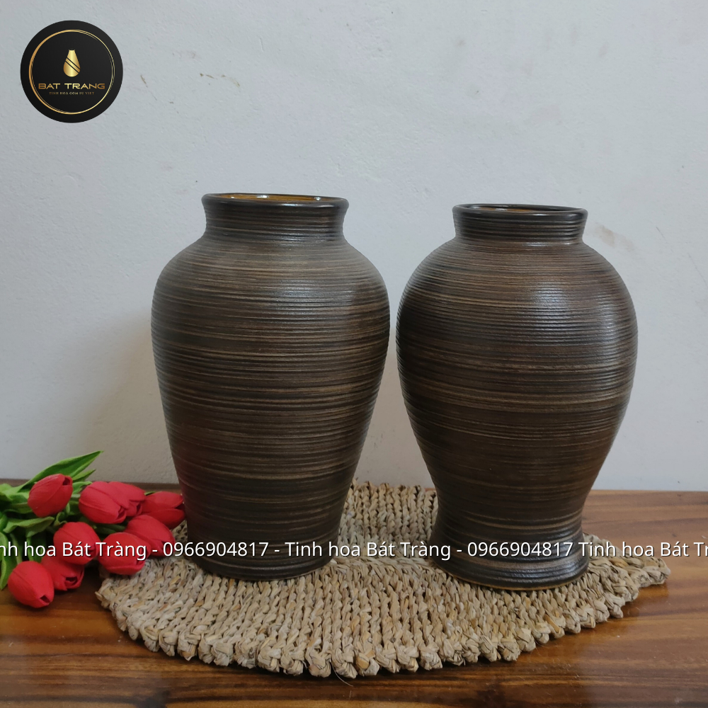 Bình hoa, lọ hoa Bát Tràng dáng xoài men nâu mộc cao cấp trang trí phòng khách đẹp, sang trọng