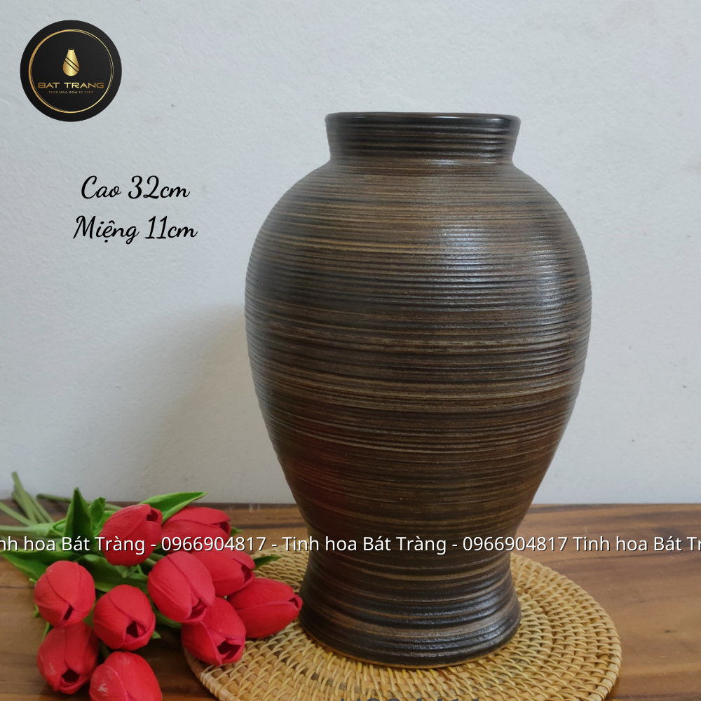 Bình hoa, lọ hoa Bát Tràng dáng xoài men nâu mộc cao cấp trang trí phòng khách đẹp, sang trọng