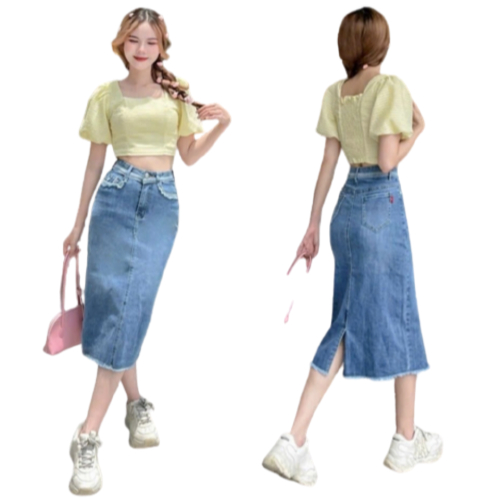 Chân váy Jean dài đuôi xẻ