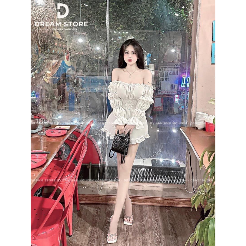 Jumpsuits nữ trễ vai dài tay dập ly phối bèo xinh xắn dành cho các nàng