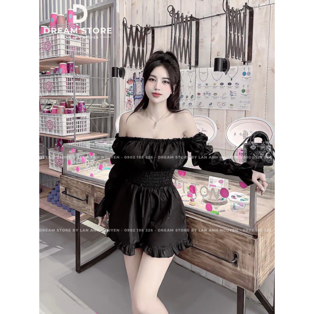 Jumpsuits nữ trễ vai dài tay dập ly phối bèo xinh xắn dành cho các nàng