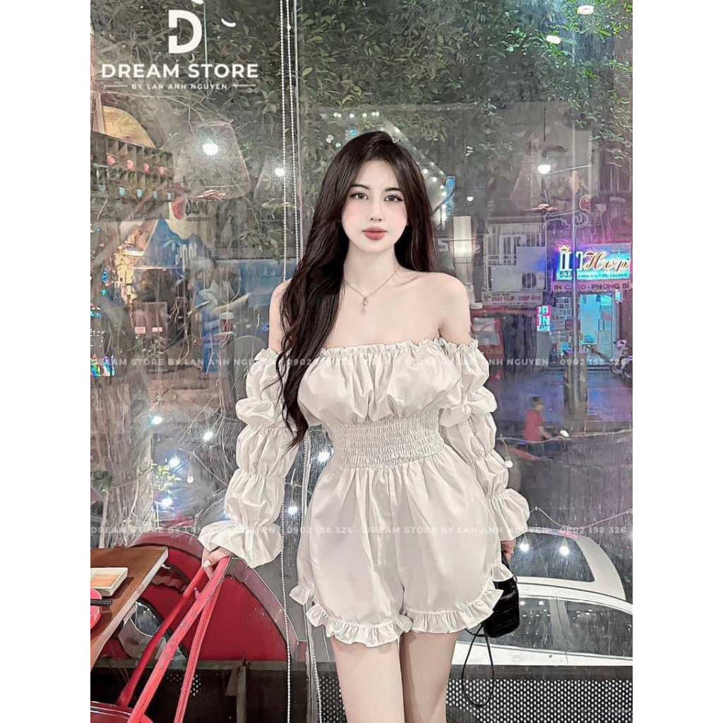 Jumpsuits nữ trễ vai dài tay dập ly phối bèo xinh xắn dành cho các nàng