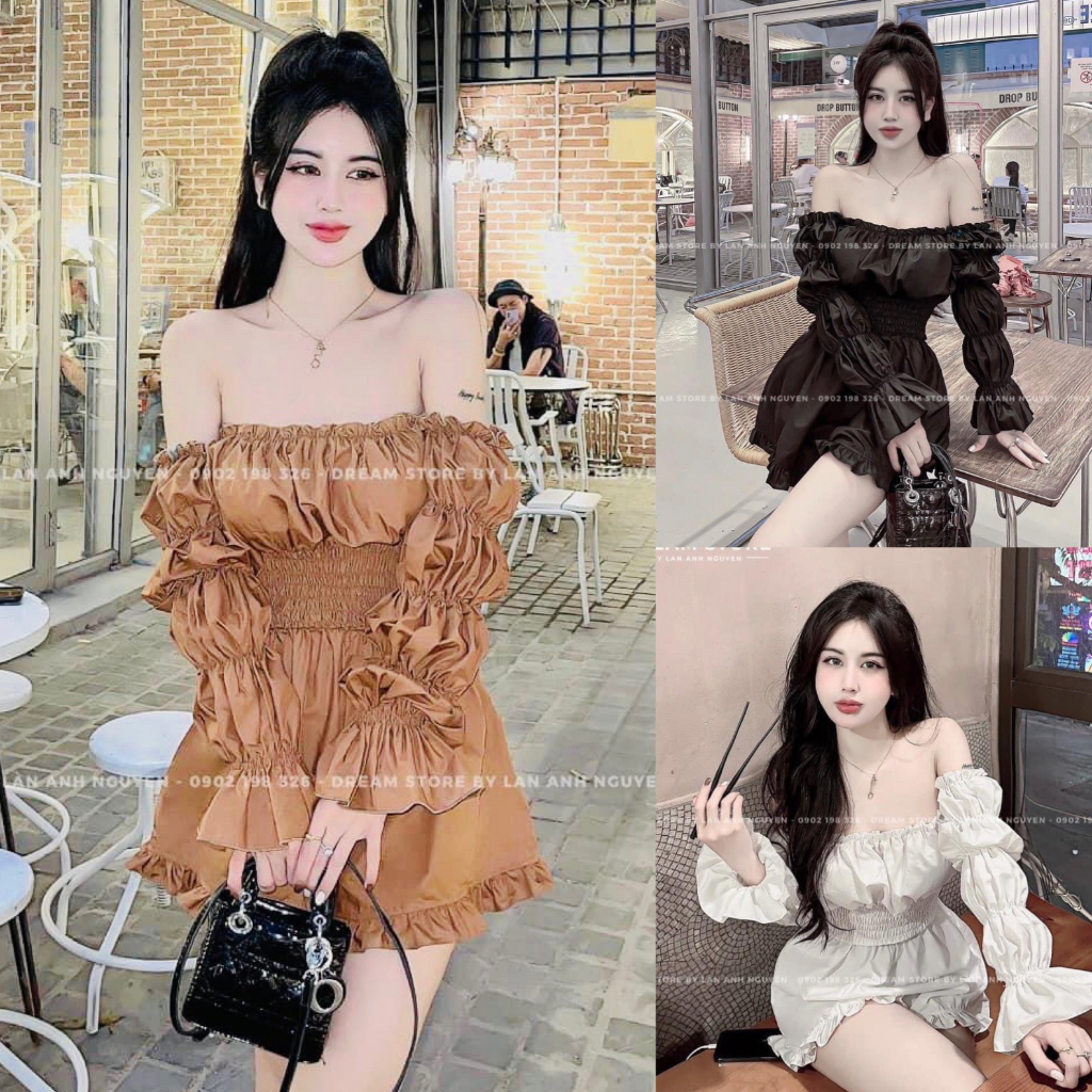 Jumpsuits nữ trễ vai dài tay dập ly phối bèo xinh xắn dành cho các nàng