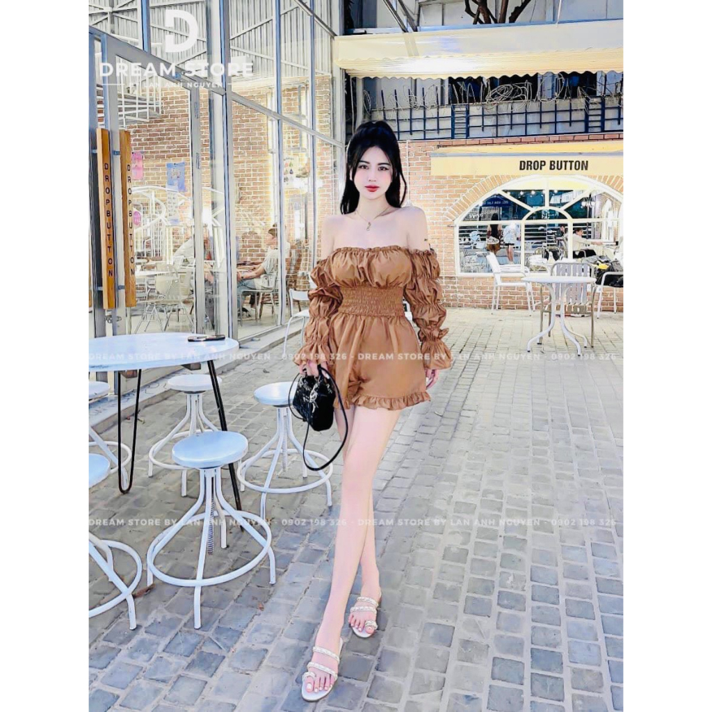 Jumpsuits nữ trễ vai dài tay dập ly phối bèo xinh xắn dành cho các nàng