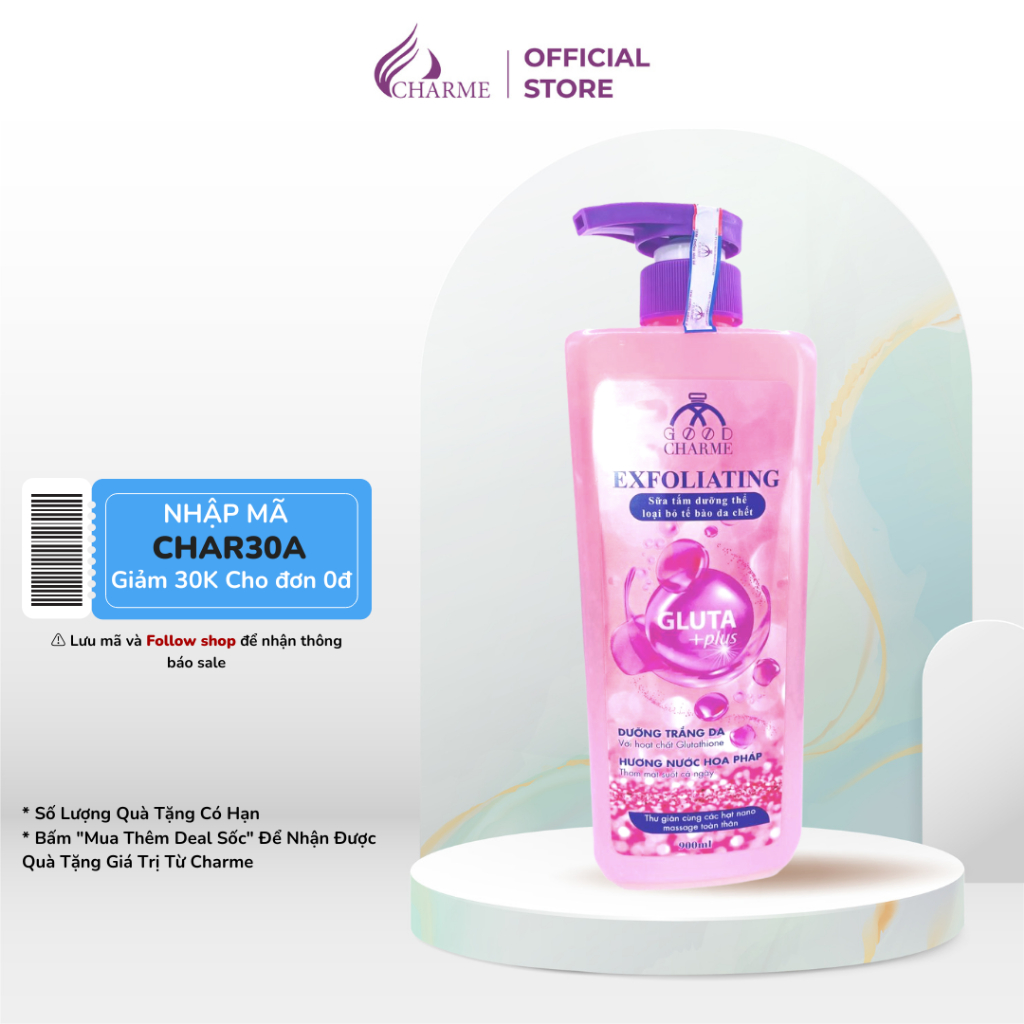 Sữa tắm tẩy tế bào chết, Charme Exfoliating, chiết xuất thiên nhiên, dưỡng trắng, làn da mềm mịn, 900ml