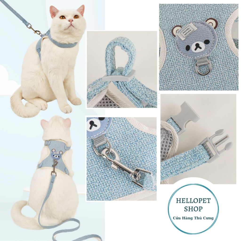 Bộ yếm dắt thú cưng, Dây dắt chó mèo dạng yếm đeo cao cấp, hình mặt gấu dễ thương chất liệu cotton thoáng khí HELLOPET