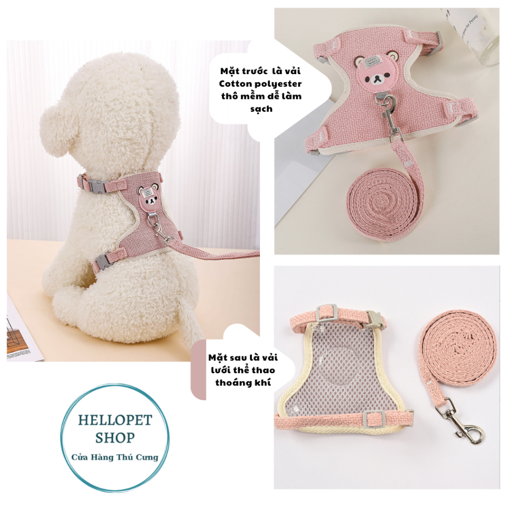 Bộ yếm dắt thú cưng, Dây dắt chó mèo dạng yếm đeo cao cấp, hình mặt gấu dễ thương chất liệu cotton thoáng khí HELLOPET