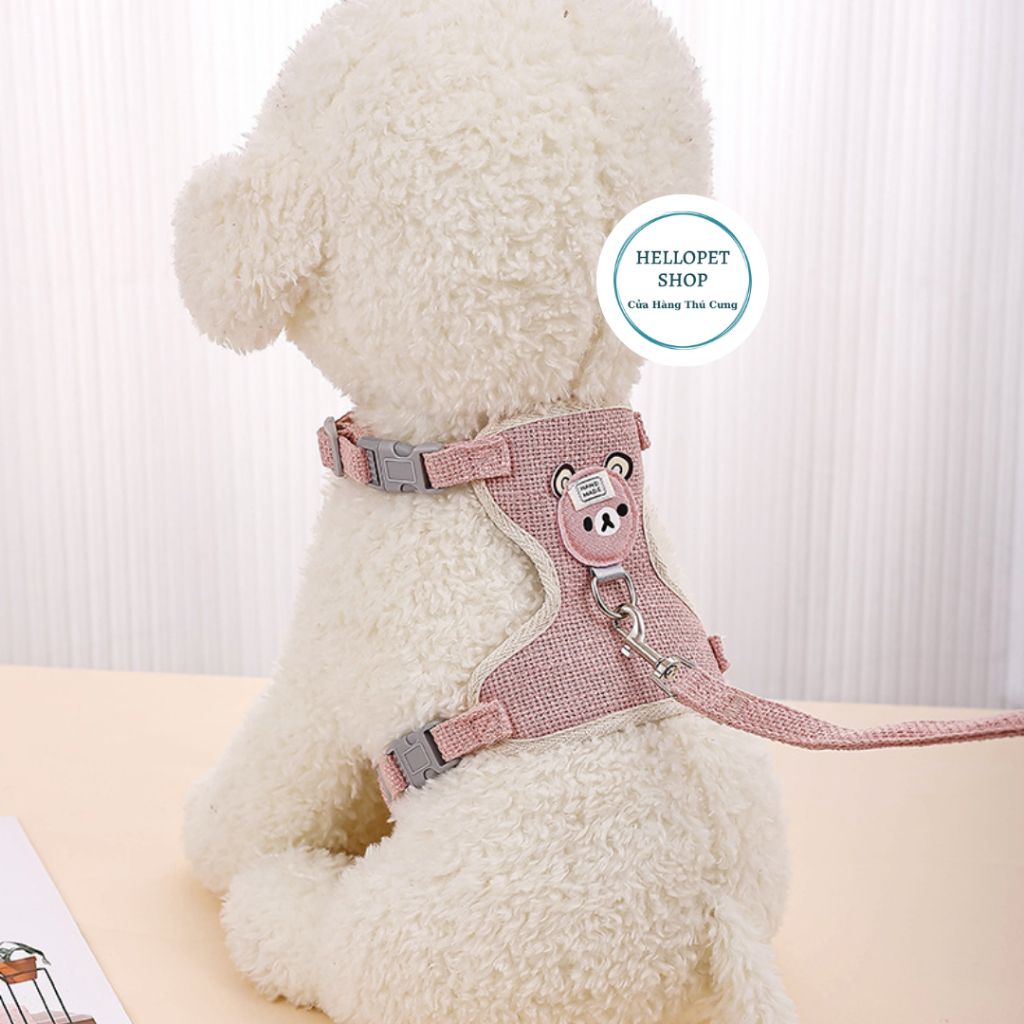 Bộ yếm dắt thú cưng, Dây dắt chó mèo dạng yếm đeo cao cấp, hình mặt gấu dễ thương chất liệu cotton thoáng khí HELLOPET