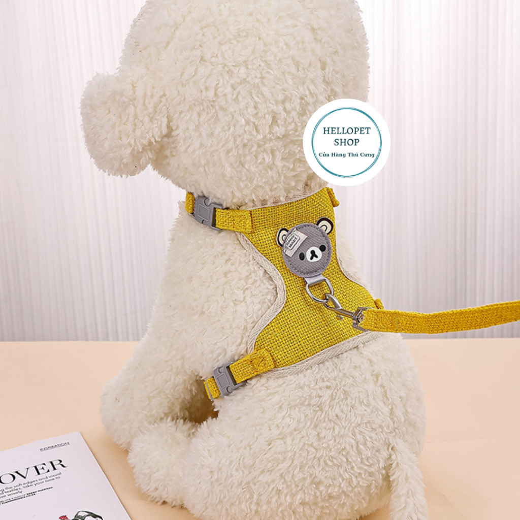 Bộ yếm dắt thú cưng, Dây dắt chó mèo dạng yếm đeo cao cấp, hình mặt gấu dễ thương chất liệu cotton thoáng khí HELLOPET