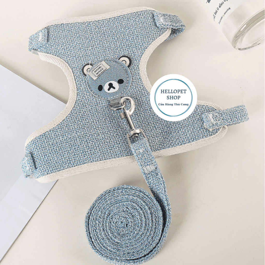 Bộ yếm dắt thú cưng, Dây dắt chó mèo dạng yếm đeo cao cấp, hình mặt gấu dễ thương chất liệu cotton thoáng khí HELLOPET