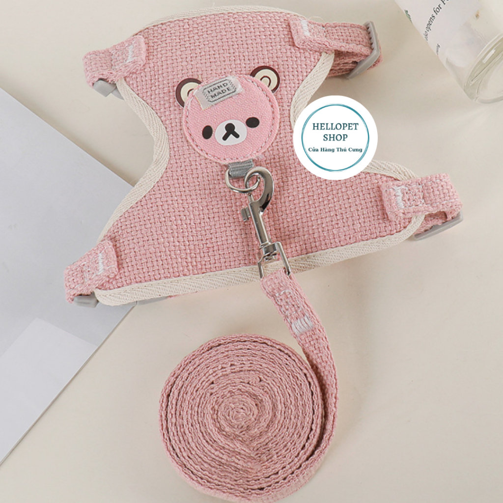 Bộ yếm dắt thú cưng, Dây dắt chó mèo dạng yếm đeo cao cấp, hình mặt gấu dễ thương chất liệu cotton thoáng khí HELLOPET