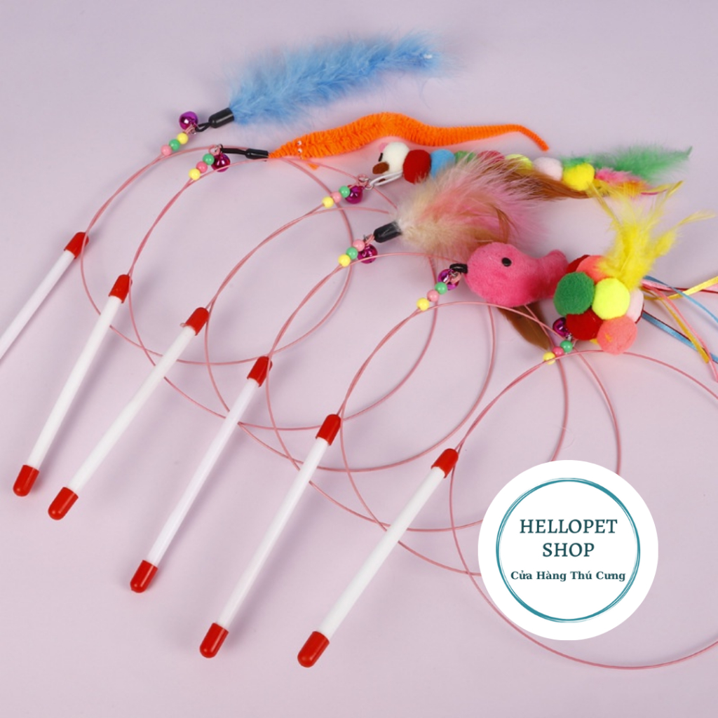 Cần câu mèo dây thép gắn lông hỗ trợ vận động, Đồ chơi gắn lông cho thú cưng, Gậy lông vũ cho mèo H94