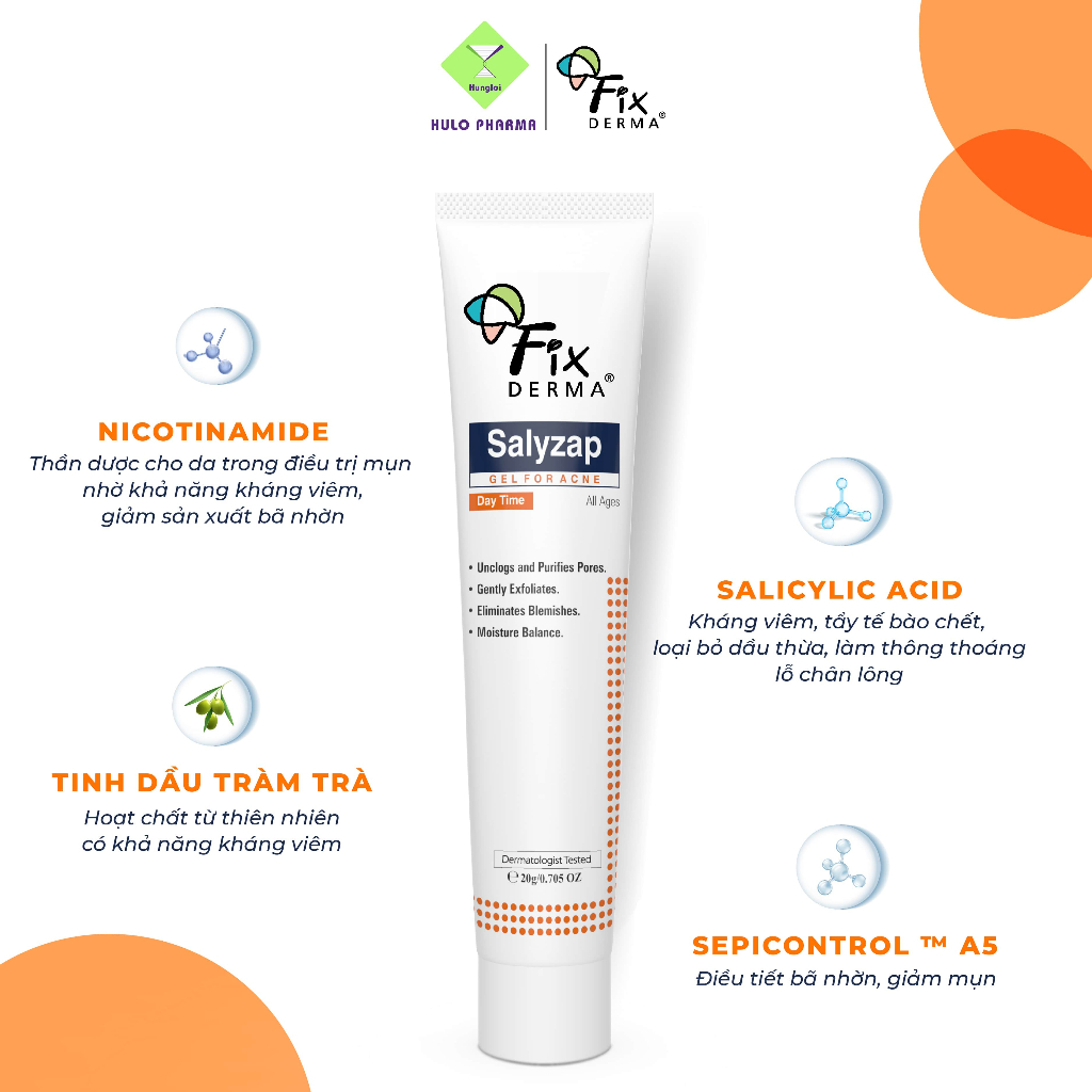 Chấm Mụn FIXDERMA Salyzap Gel For Acne Day Time Giảm Thâm Mụn, Mờ Sẹo Dành Cho Ban Ngày 20g