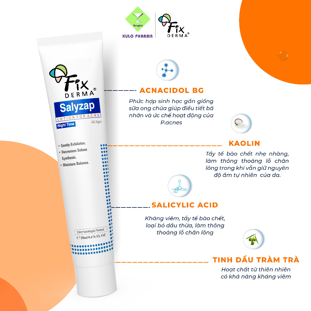 Chấm Mụn FIXDERMA Salyzap Lotion For Acne Night Time Giúp Ngăn Ngừa Mụn và Giảm Thâm Mụn Dành Cho Ban Đêm 20g