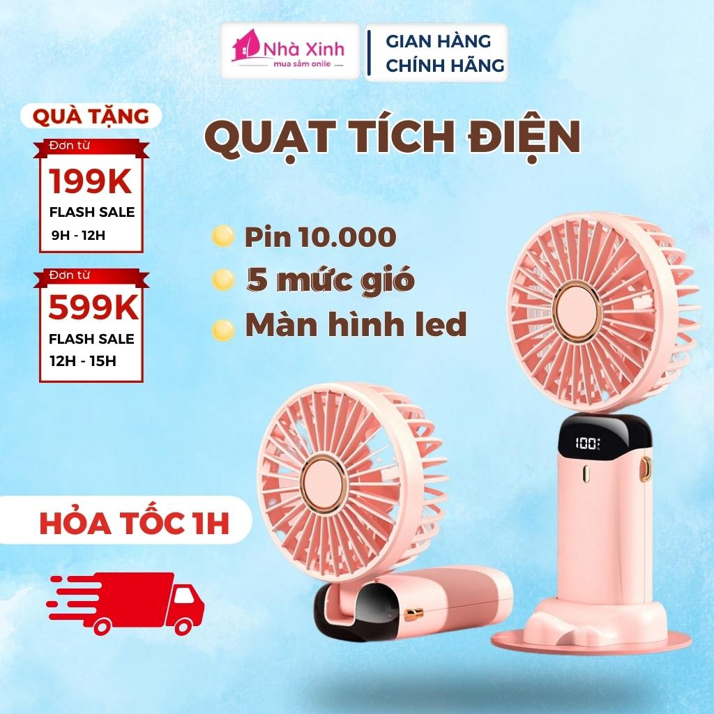Quạt cầm tay mini tích điện, quạt tích điện mini 5 tốc độ gió xoay linh hoạt 90 độ có đèn led hiển thị % pin cực lớn