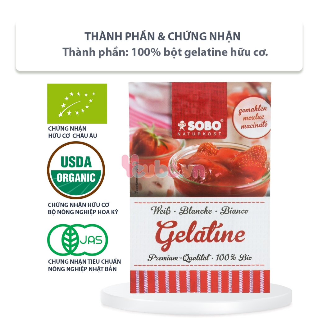 Bột Gelatine Hữu Cơ SOBO Làm Thạch Kẹo Dẻo Rau Câu Thạch Pudding Cho Bé Ăn Dặm