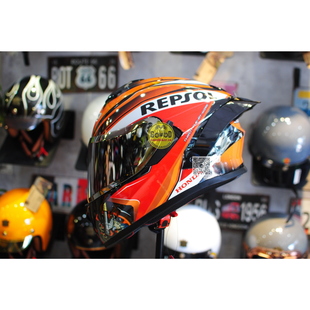 Mũ Fullface 2 kính ROC 08 tem Repsol và đuôi gió pista