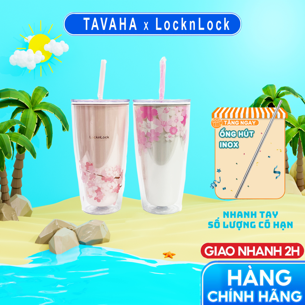Ly Nhựa 2 Lớp Cách Nhiệt Kèm Ống Hút, cọ rửa Lock&Lock, Cốc Giữ Nhiệt Dễ Thương 750ml HAP509