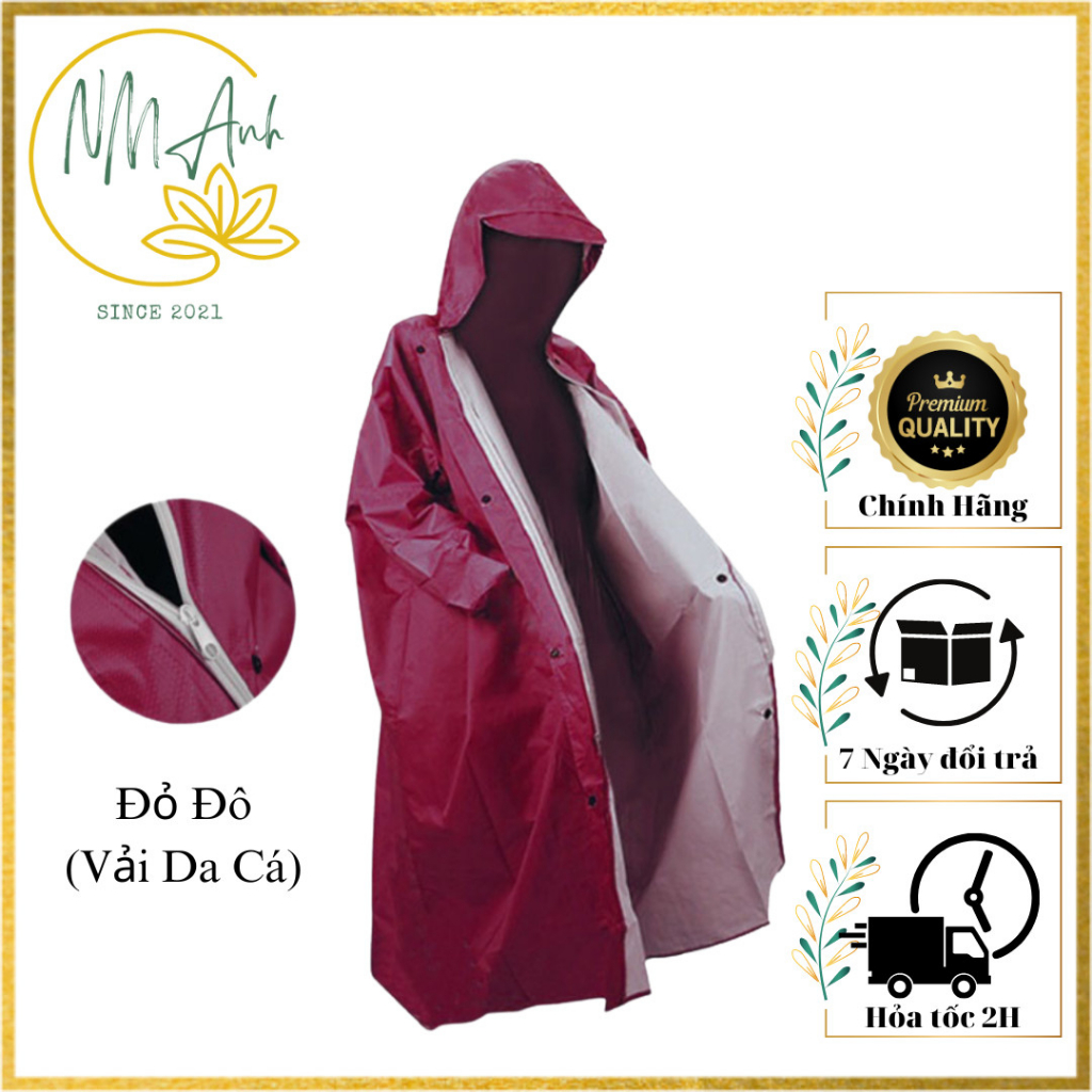 Áo Mưa Măng Tô - Áo Mưa Khóa Kéo Chất Vải Da Cá Chống Thấm - Màu Đỏ Đô