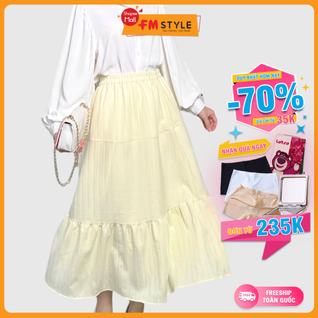 Chân váy dài FM style chất xốp sọc gân dáng xòe 3 tầng thời trang điệu đà phong cách Hàn Quốc 22121280