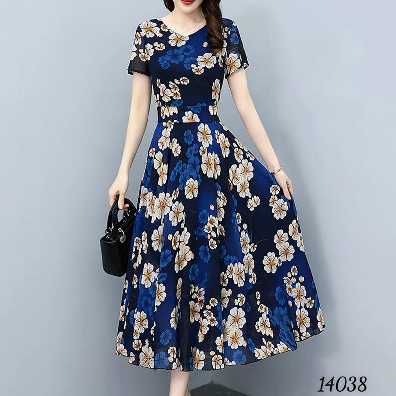 Đầm váy nữ voan midi hoa tay ngắn cổ V dự tiệc đám cưới xanh đậm cao cấp