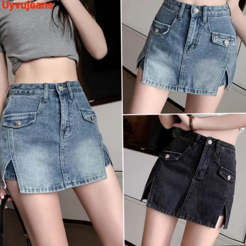 chân váy jeans ngắn chữ a, quần giả váy hai lớp 2023