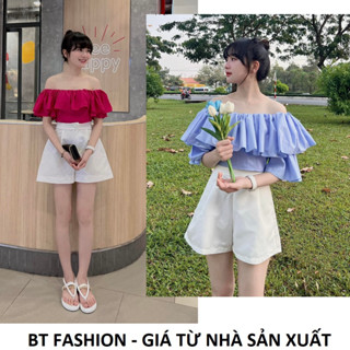 (Mua Lẻ hoặc Bộ) Áo Voan Trễ Vai, Quần Sọt Dây Kéo Vải Tuyết Mưa - BT Fashion 02