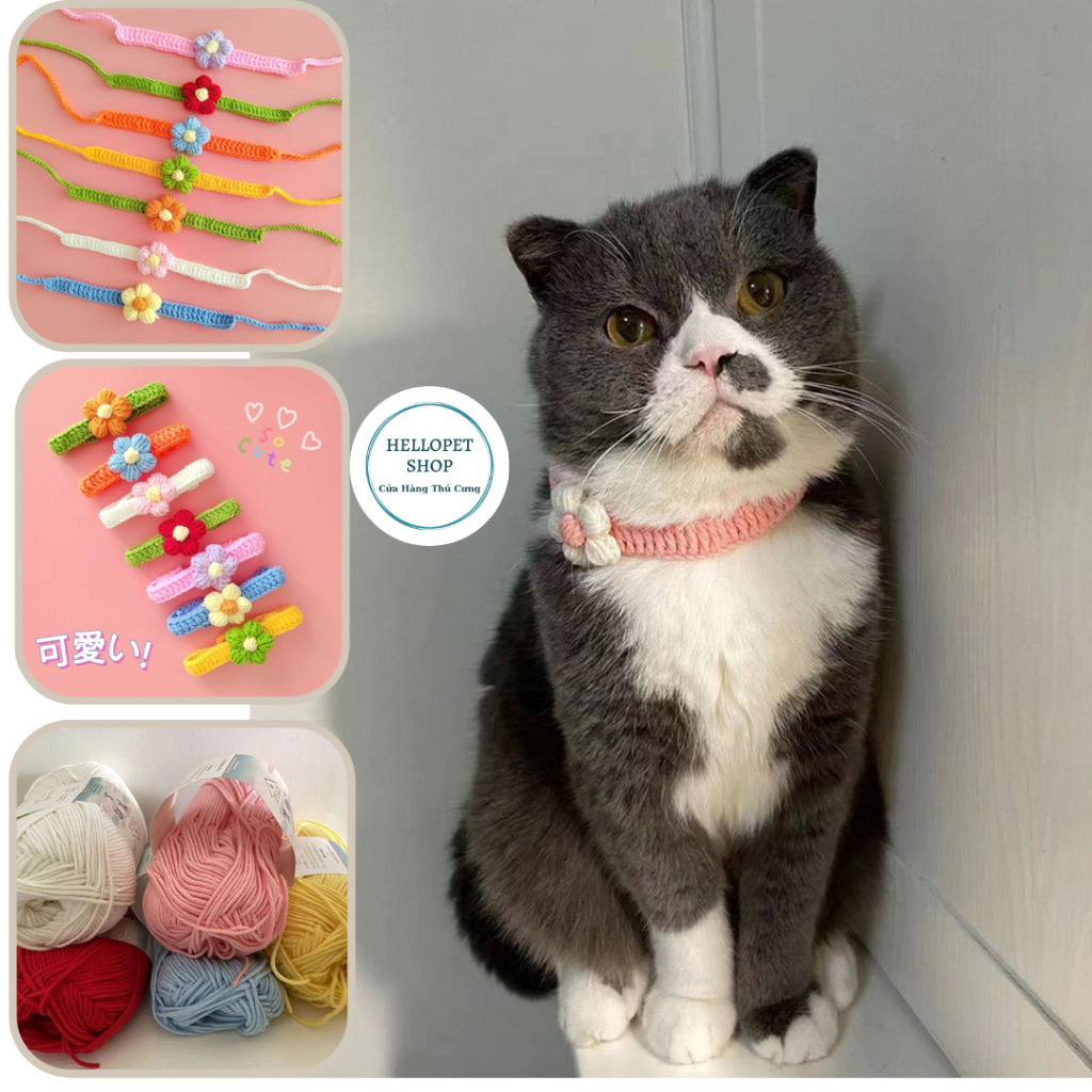 Vòng cổ cho chó mèo bằng len hình bông hoa dễ thương HELLOPET, Vòng cổ đan len thủ công cho thú cưng