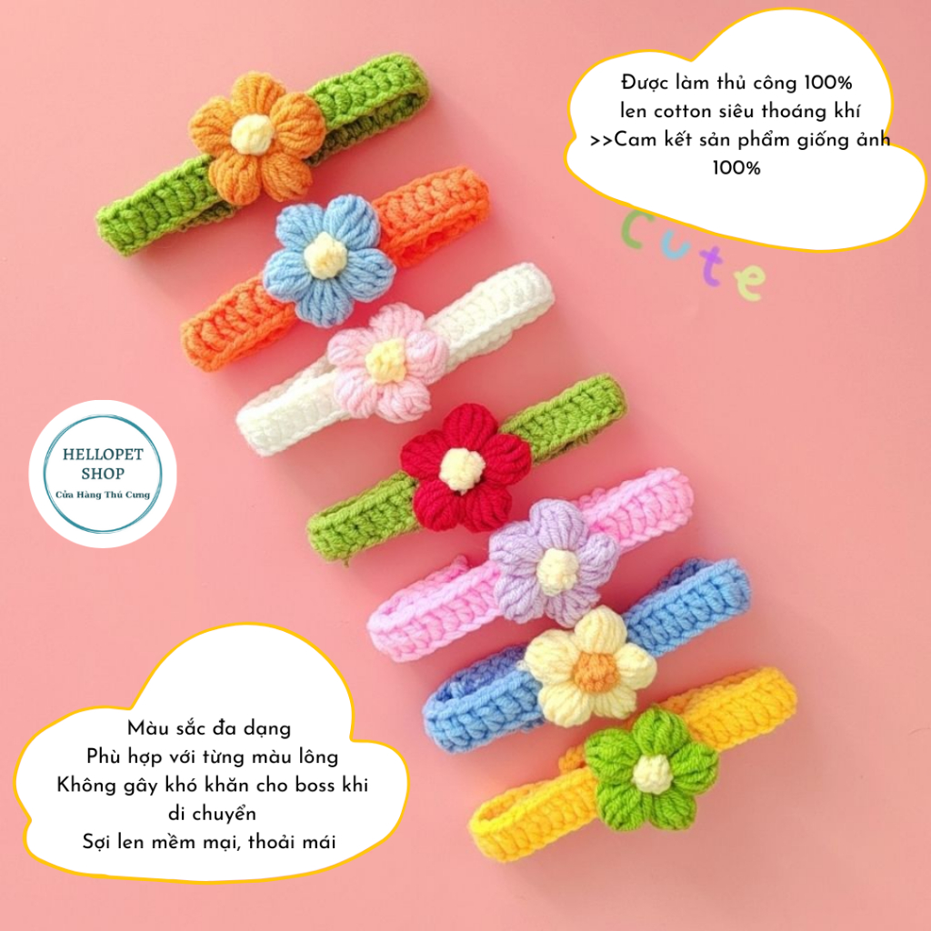 Vòng cổ cho chó mèo bằng len hình bông hoa dễ thương HELLOPET, Vòng cổ đan len thủ công cho thú cưng