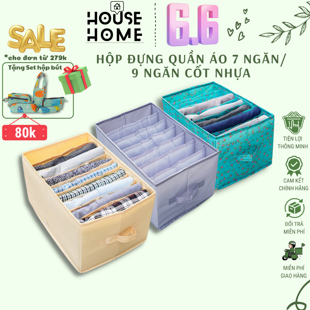 Hộp vải đựng quần áo 7 ngăn 9 ngăn không nắp cốt nhựa cao cấp, thân thiện môi trường, gấp gọn tiện ích - HousetoHome