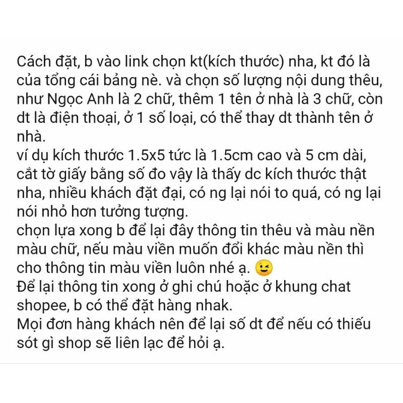 Bảng tên thêu cho bé dùng để may vào áo, quần, cặp, mền, gối .v..v làm từ 1 cái