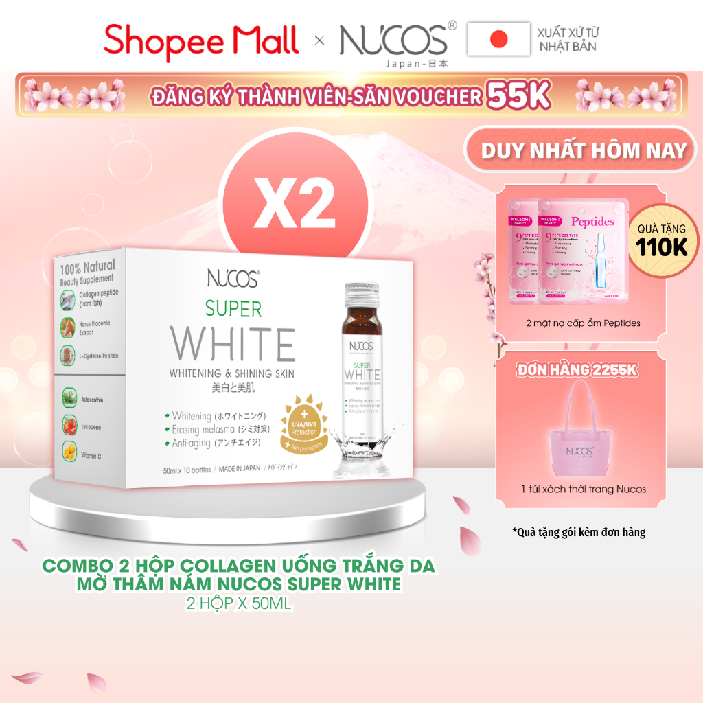 Combo 2 hộp nước uống collagen trắng da mờ thâm nám Nucos Super White 50ml x 2 x 10 chai