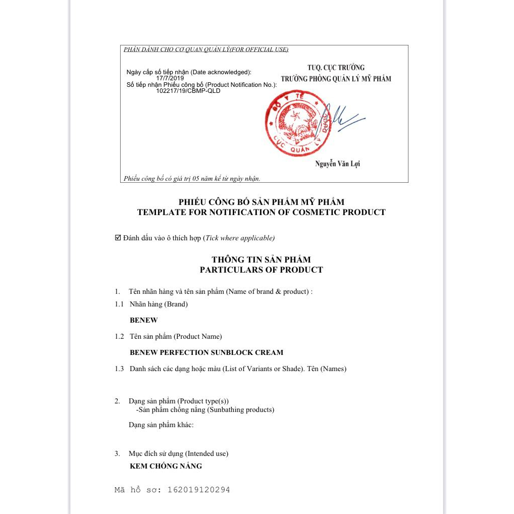 Kem chống nắng Benew Perfection Sunblock Cream