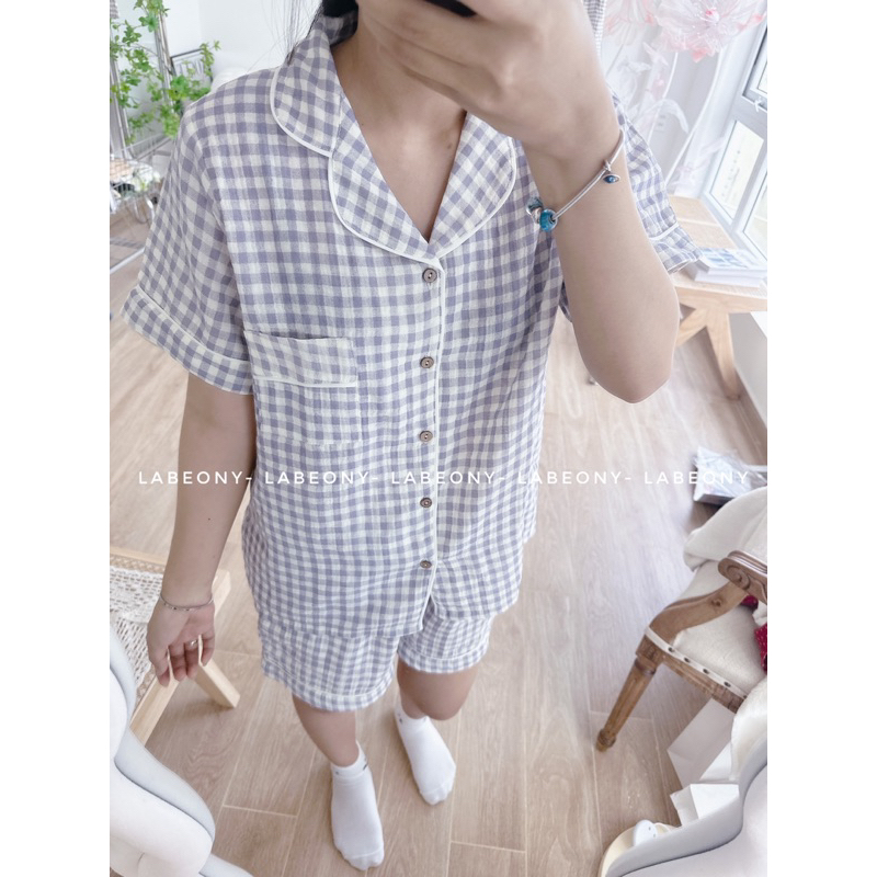 Đồ bộ nữ mặc nhà Pyjama caro ngắn dài muslin Hàn Labeony