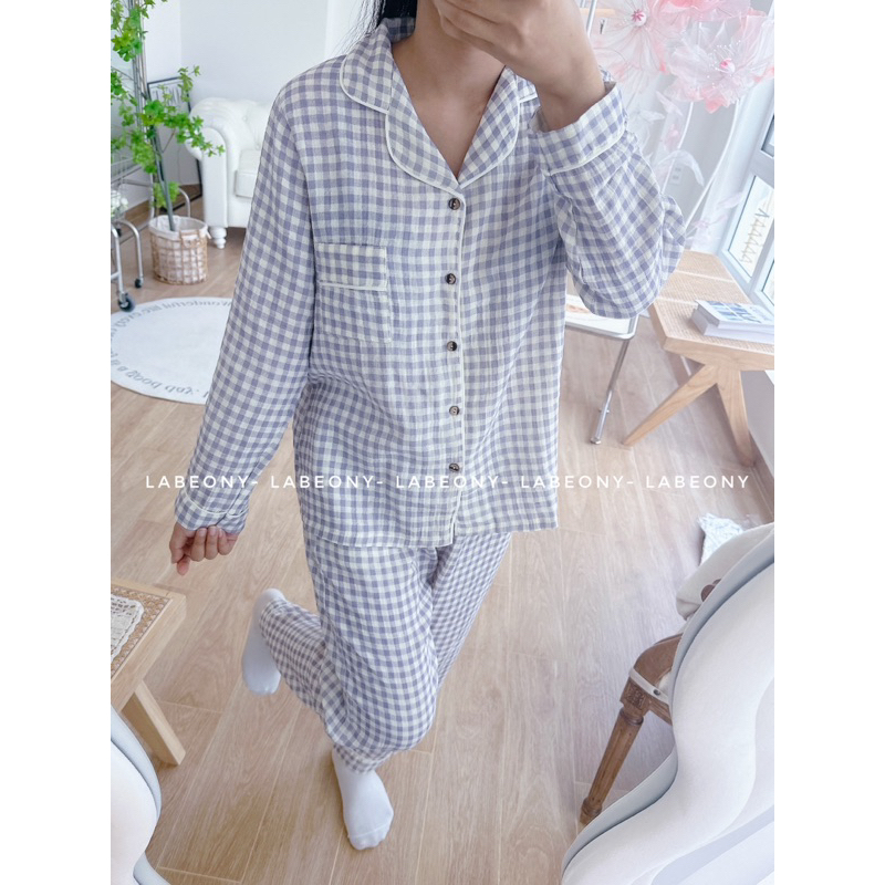 Đồ bộ nữ mặc nhà Pyjama caro ngắn dài muslin Hàn Labeony