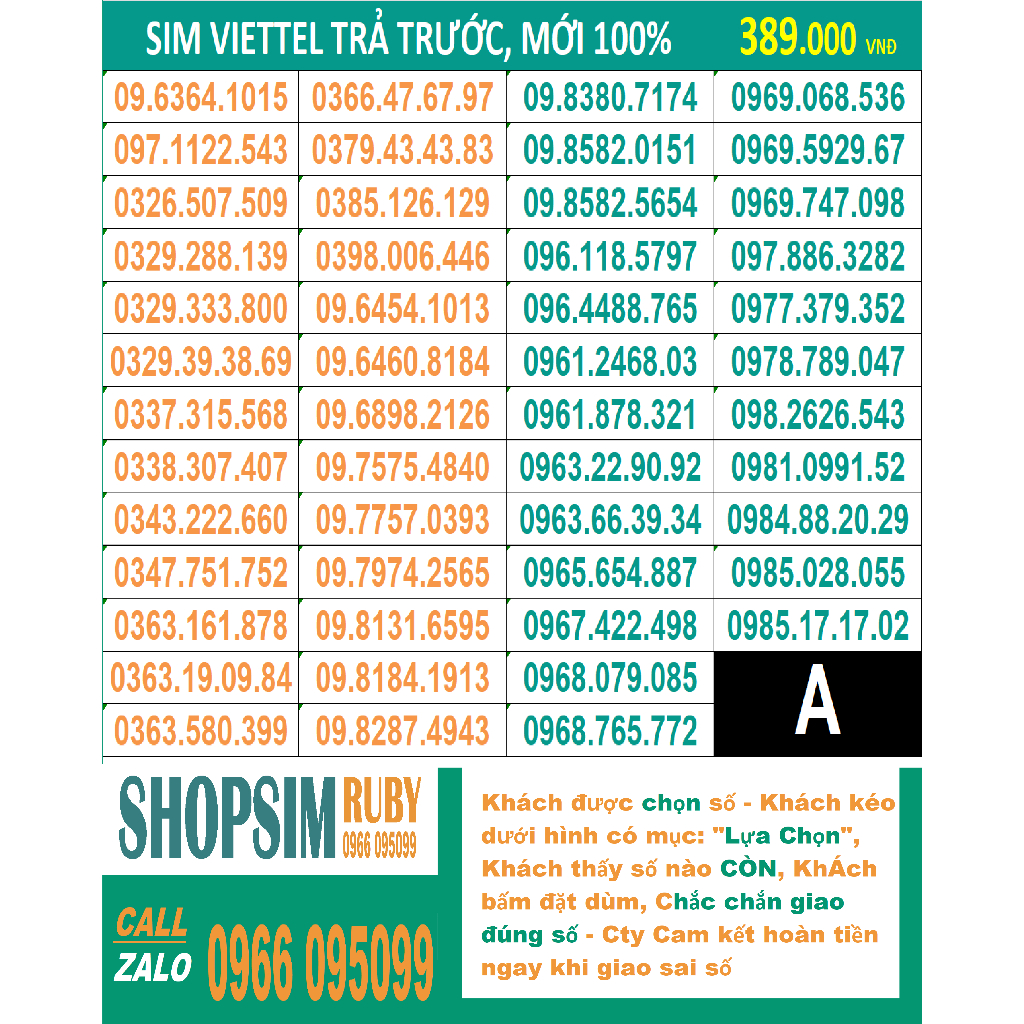 Viettel đẹp Trả trước, sim mới chưa kích hoạt và chưa đứng tên ai, Được Chọn số đồng giá 389.000 - cập nhật số liên tục
