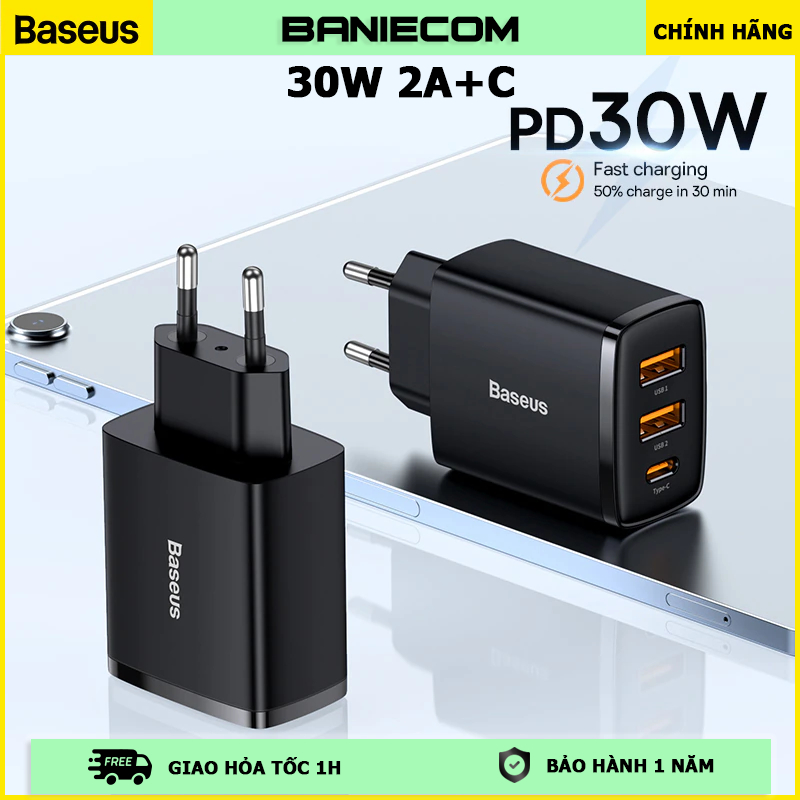 Bộ sạc 30W Bas.eus 3-in-1 sạc nhanh cho smartphone/tablet củ sạc typeC 30W chất liệu cao cấp, chân tròn tiện lợi