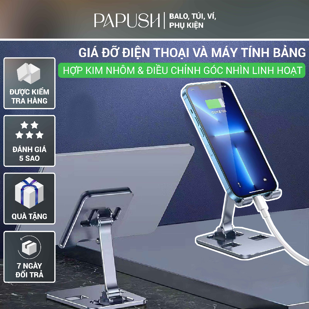 Kệ để điện thoại để bàn chức năng kê điện thoại livestream cầm tay đa năng gấp gọn chất liệu nhôm, vừa dùng vừa sạc