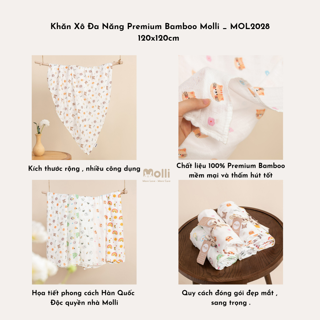 Khăn tắm xô 100% sợi tre Premium Bamboo Molli -  Kích thước 1m2 x 1m2