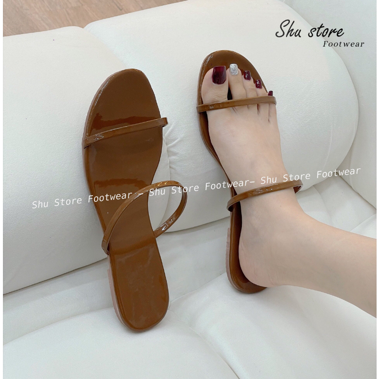 Shu Store | Dép đế bệt mũi tròn 2 quai ngang da bóng thời trang cho nữ