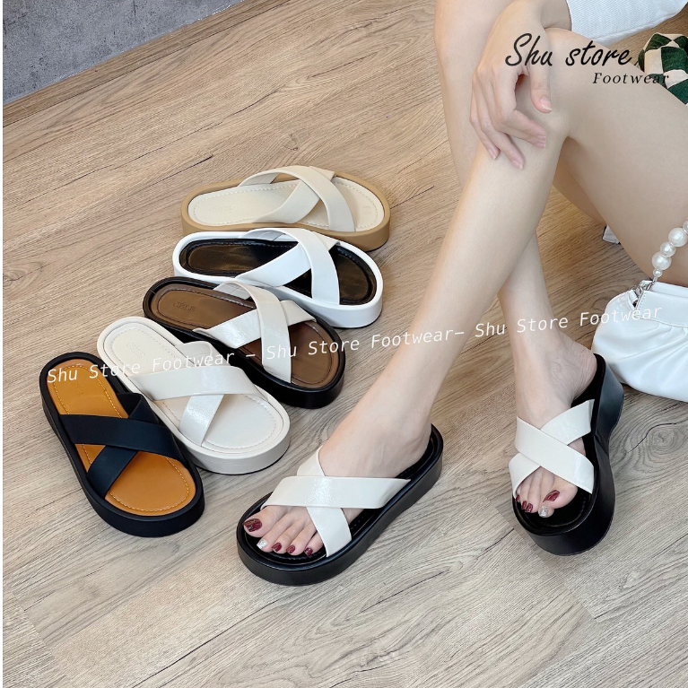 Dép đế lõm Shu Store 2 quai chéo đế cao 4cm đi chơi dạo đi chơi đều xinh cho nàng