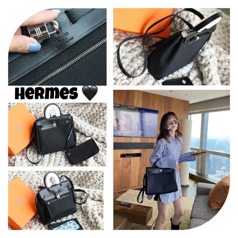 Túi xách nữ H.M herbag sz25cm đen khóa bạc tặng kèm 1 ví cực đẹp fullbox