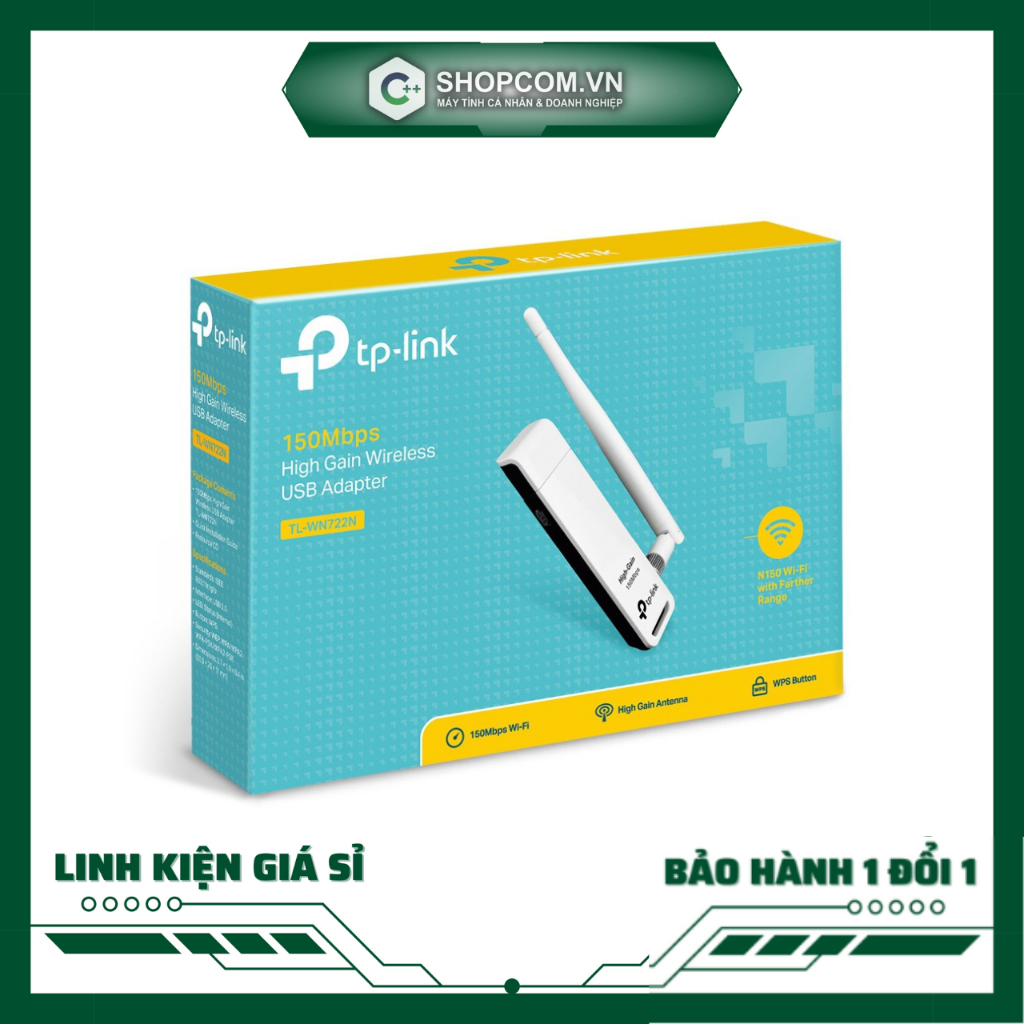 USB Wifi TP-Link TL-WN722N (150Mbps) tốc độ cao thu sóng 5Ghz Laptop PC máy bàn - TPLink t2u plus Bảo Hành 2 năm Shopcom
