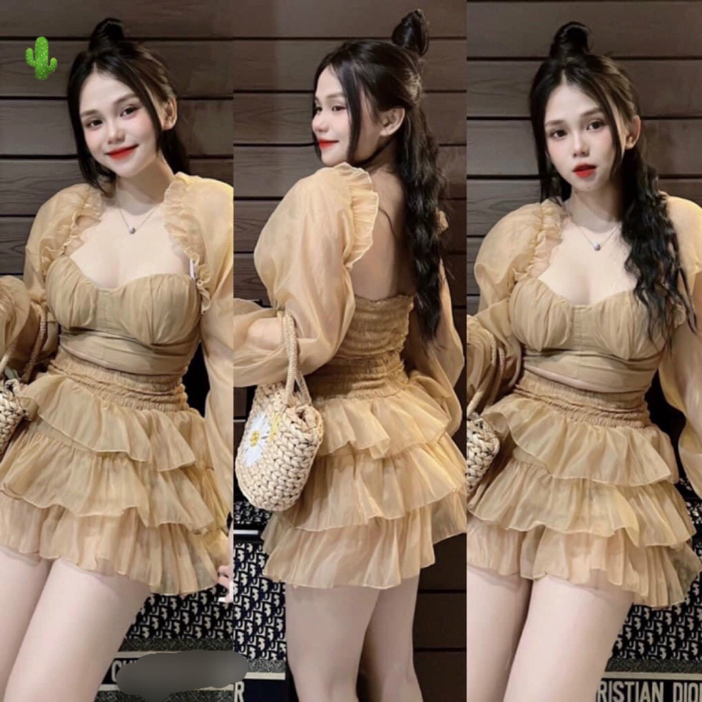 Set bộ nữ áo kiểu cổ vuông cúp ngực tay dài chân váy nhún 3 tầng vải voan đẹp PC