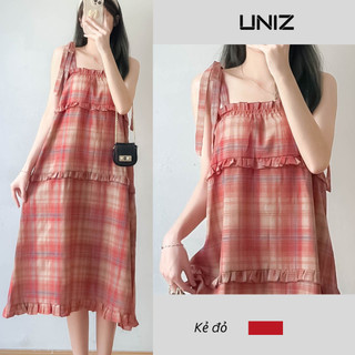 ( Ảnh thật ) Đầm 2 dây dáng xuông kẻ caro đỏ dáng dài uniz 1789