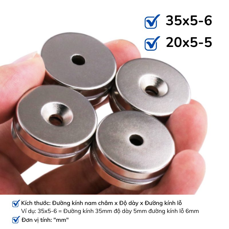 Nam châm tròn có lỗ kích thước 35x5 lỗ 6mm, 20x5 lỗ 5mm lực từ mạnh N35