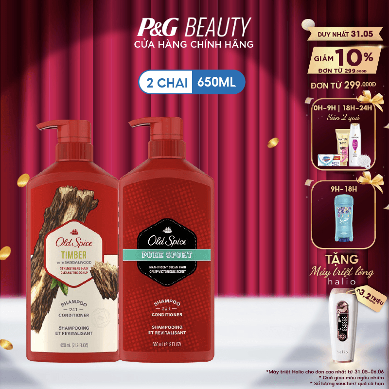 Combo 2 Dầu Gội OLD SPICE 2in1 Hương Nước Hoa Cho Nam Chai 650ML/chai - Gỗ Đàn Hương & Thể Thao Sảng Khoái