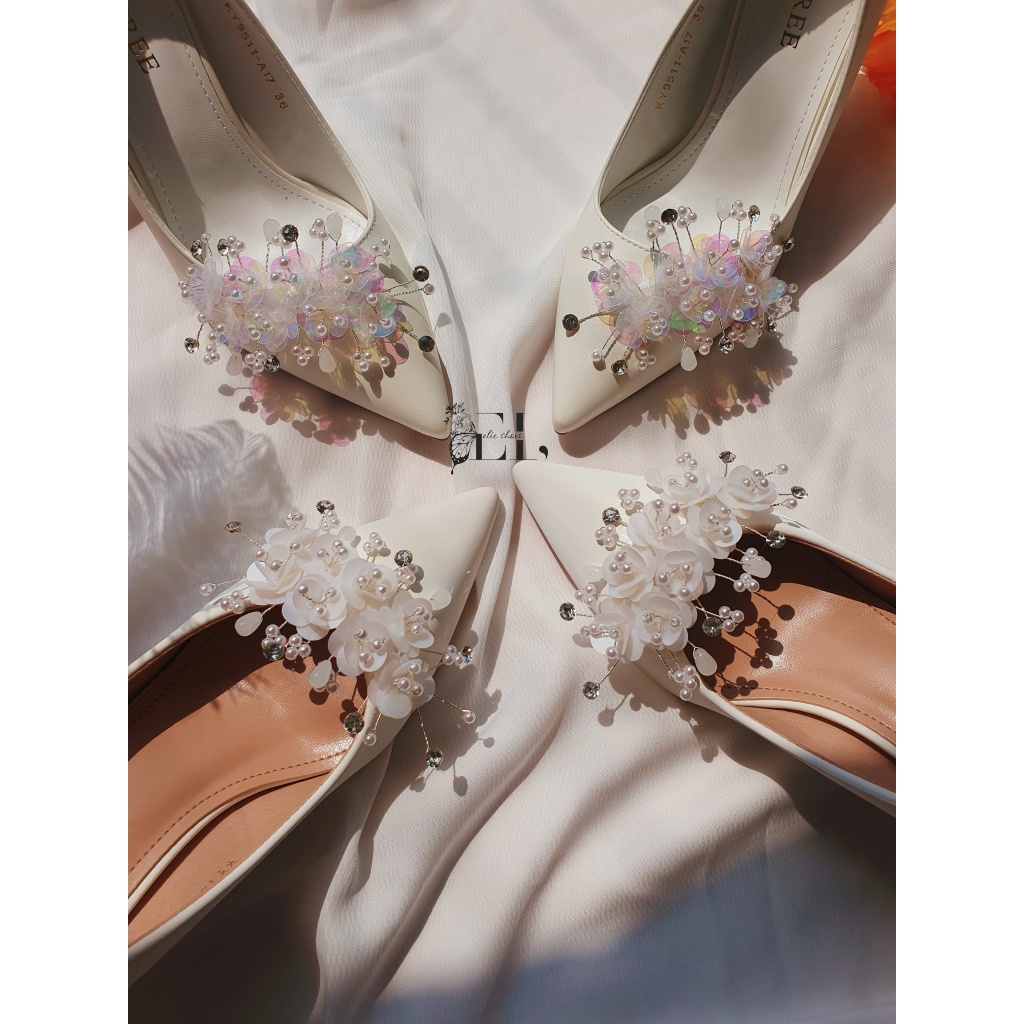 Bộ 2 phụ kiện hoa trang trí giày cưới cô dâu- phụ kiện kẹp tháo lắp trang trí giày cao gót
