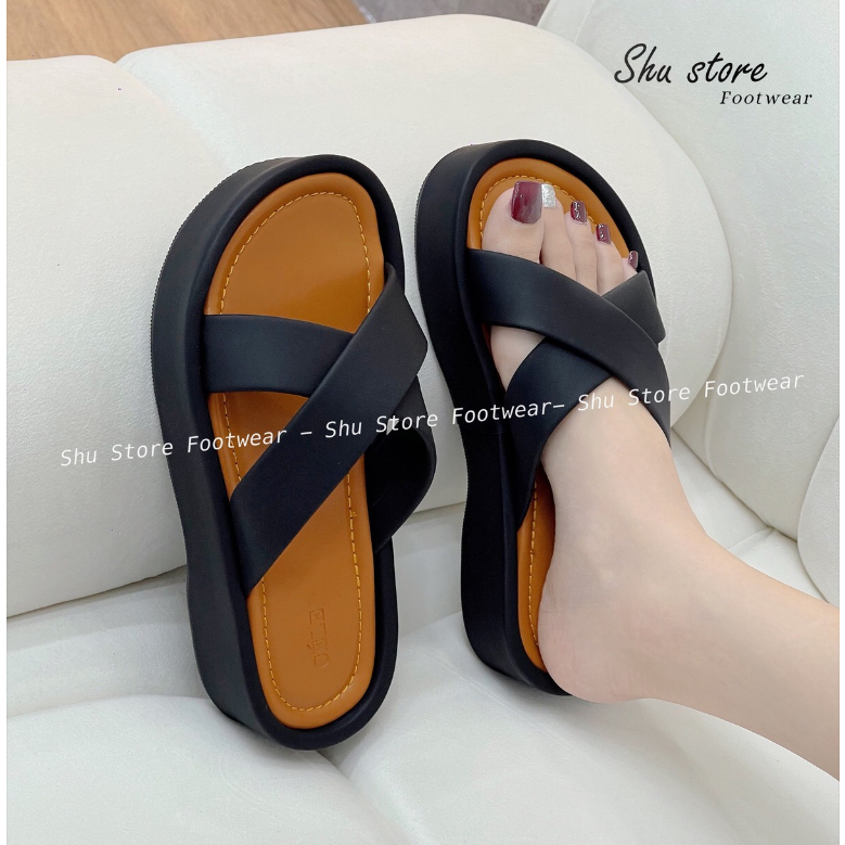 Dép đế lõm Shu Store 2 quai chéo đế cao 4cm đi chơi dạo đi chơi đều xinh cho nàng